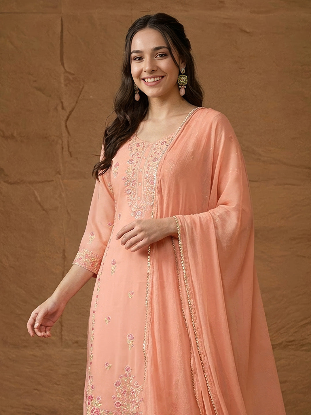 Janasya Women's Peach Georgette Floral Rubber Printed Straight Kurta Set with Solid Dupatta