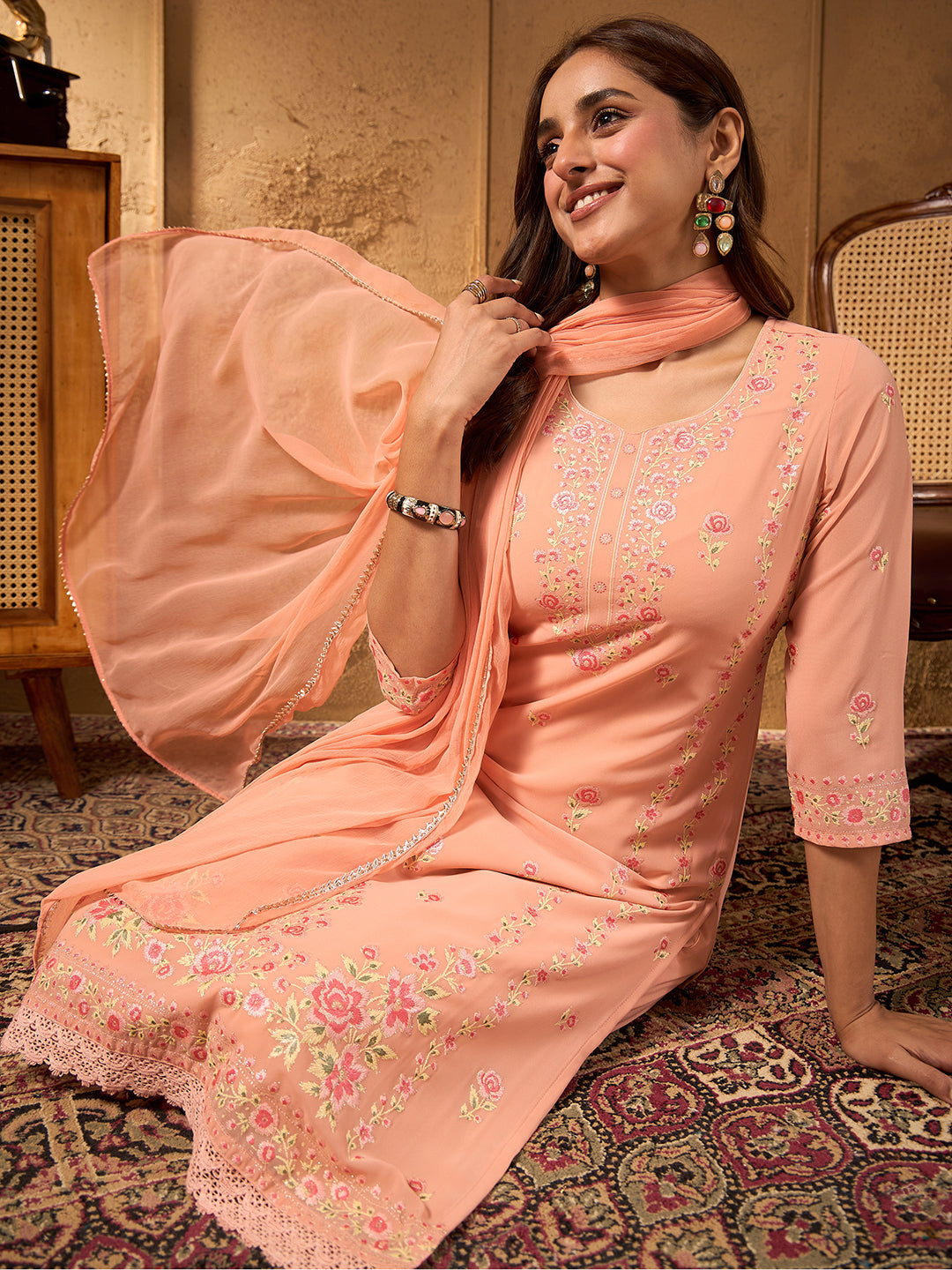 Janasya Women's Peach Georgette Floral Rubber Printed Straight Kurta Set with Solid Dupatta
