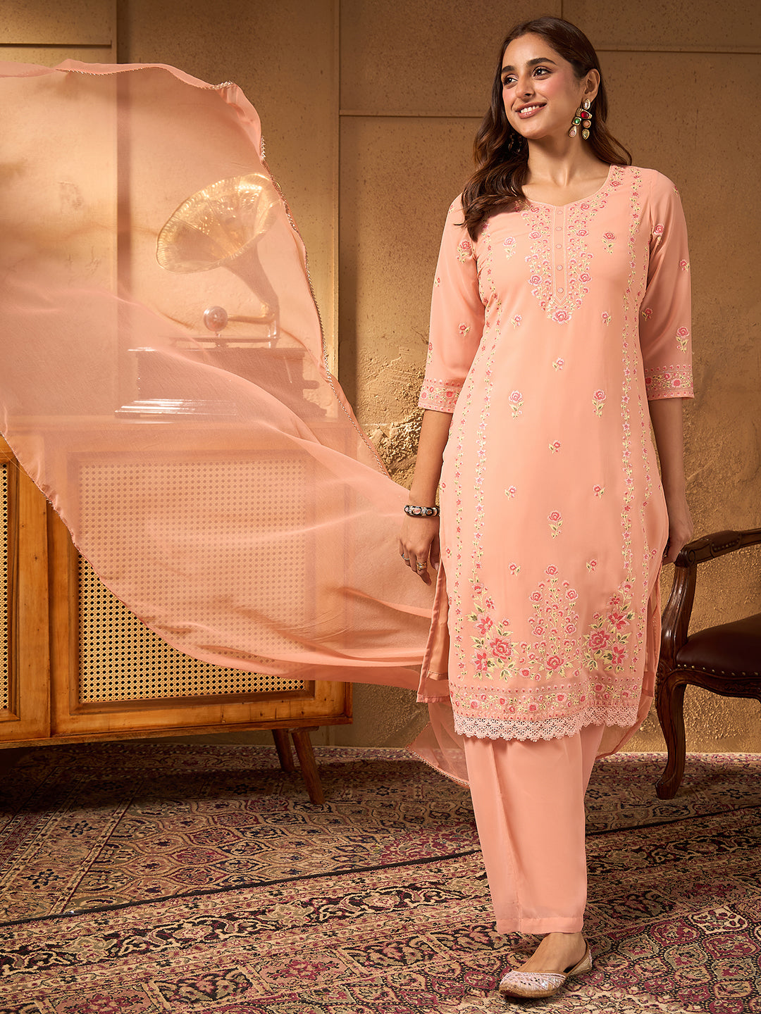 Janasya Women's Peach Georgette Floral Rubber Printed Straight Kurta Set with Solid Dupatta