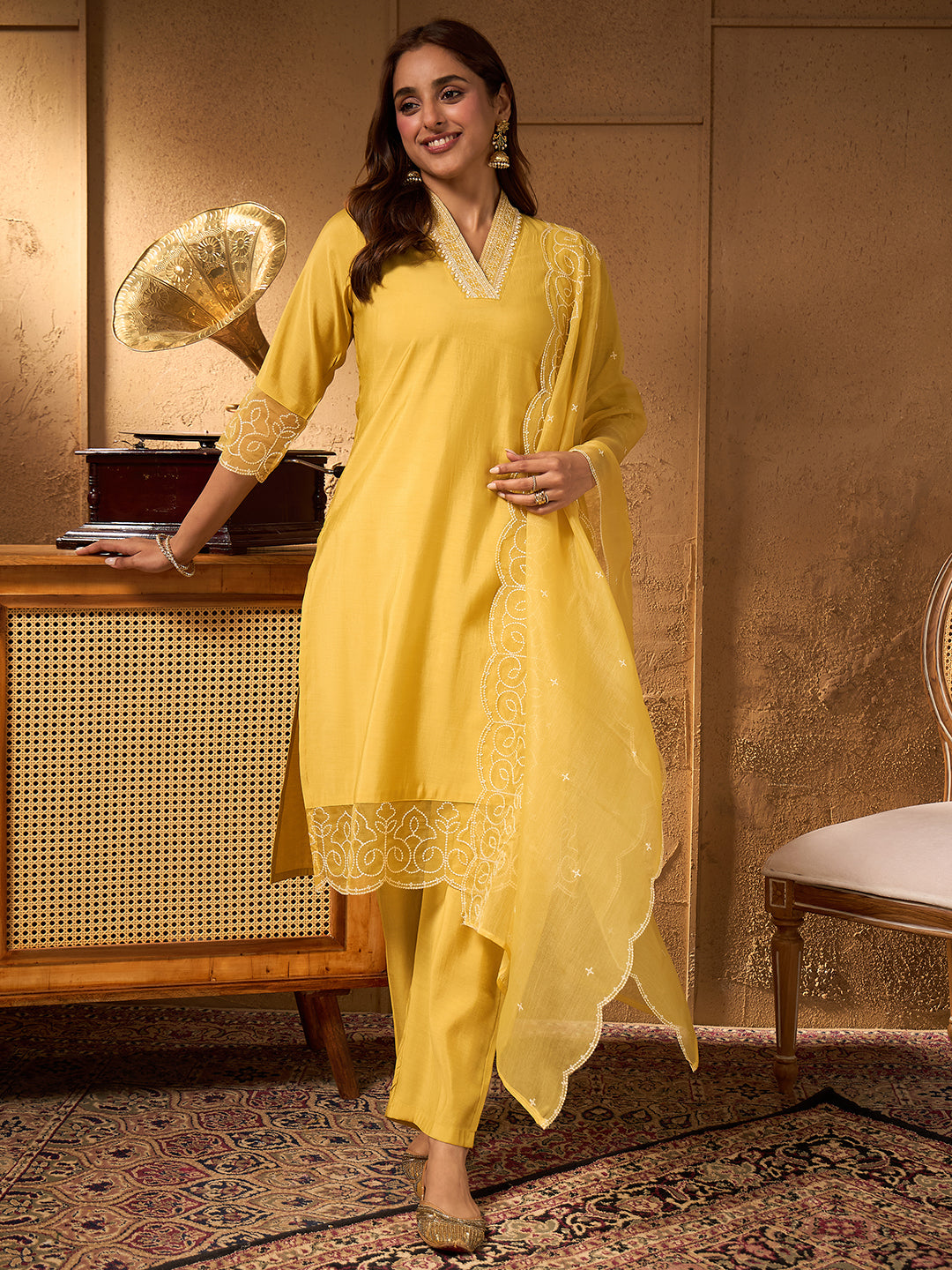 Janasya Women's Yellow Silk Blend Embroidered Straight Kurta Set