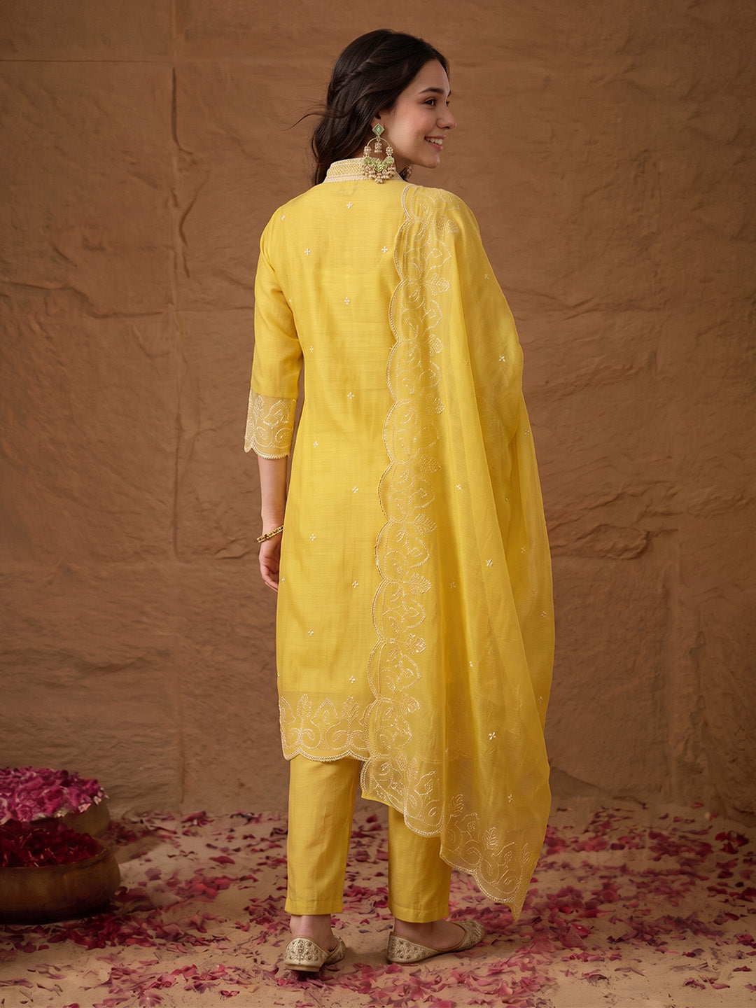 Janasya Women's Yellow Silk Blend Embroidered Straight Kurta Set