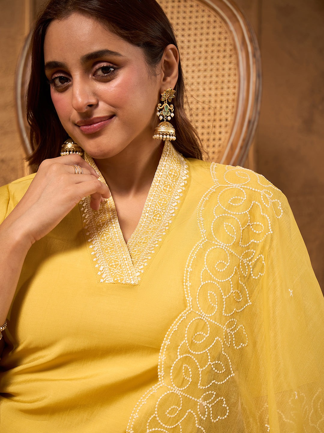 Janasya Women's Yellow Silk Blend Embroidered Straight Kurta Set