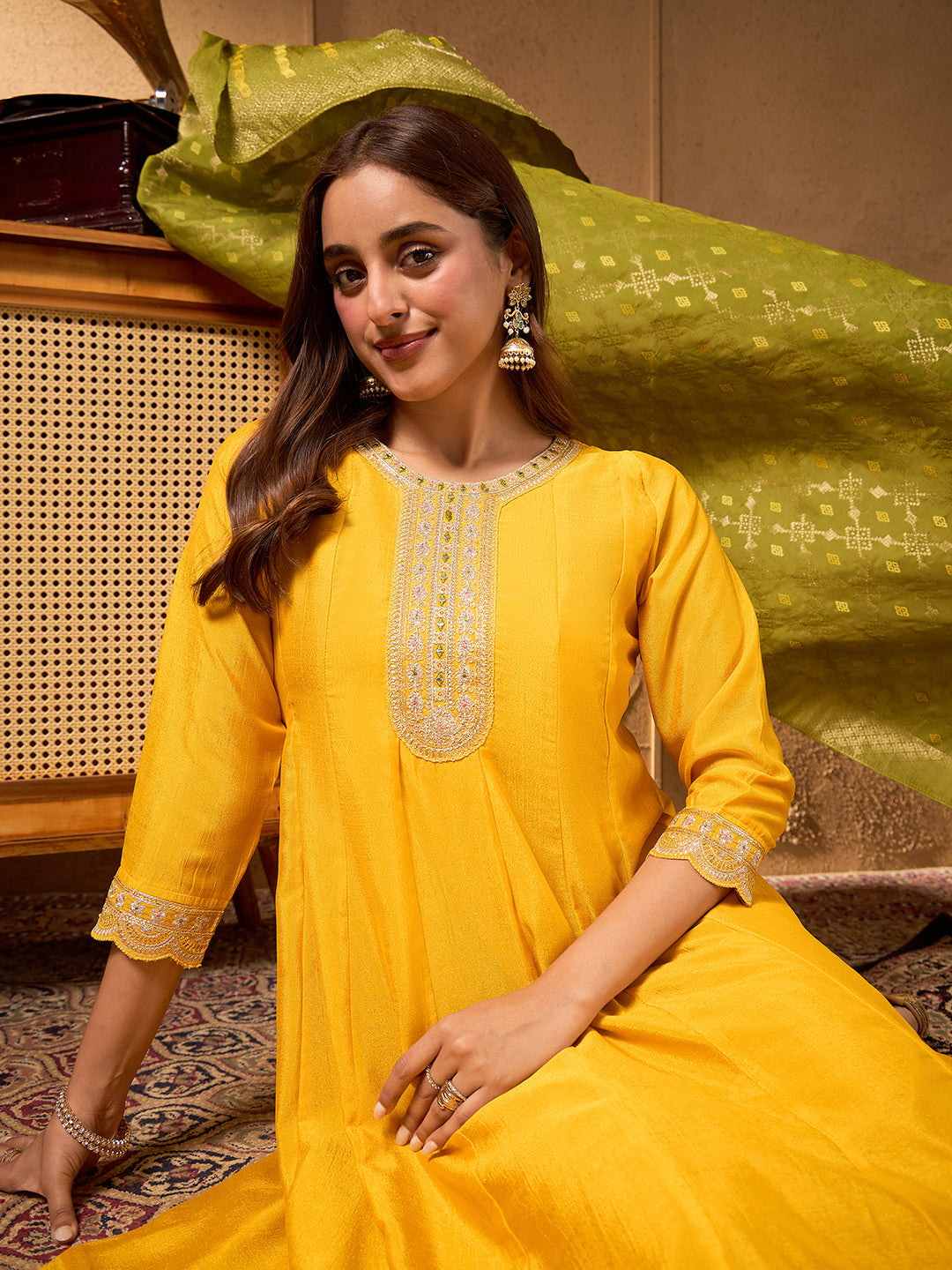 Janasya Women's Yellow Silk Blend Yoke Embroidered Anarkali Kurta Set with Jacquard Dupatta