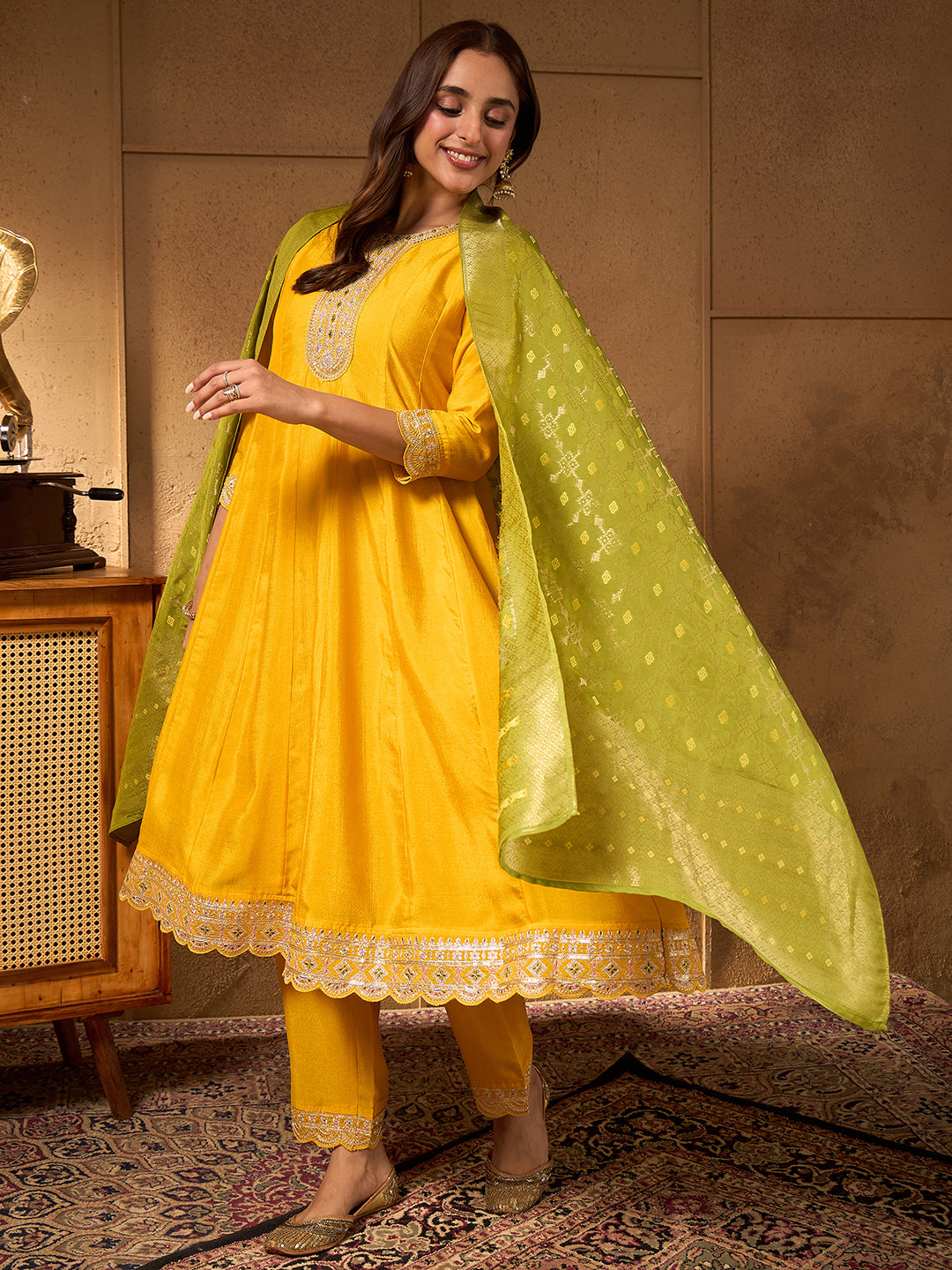 Janasya Women's Yellow Silk Blend Yoke Embroidered Anarkali Kurta Set with Jacquard Dupatta