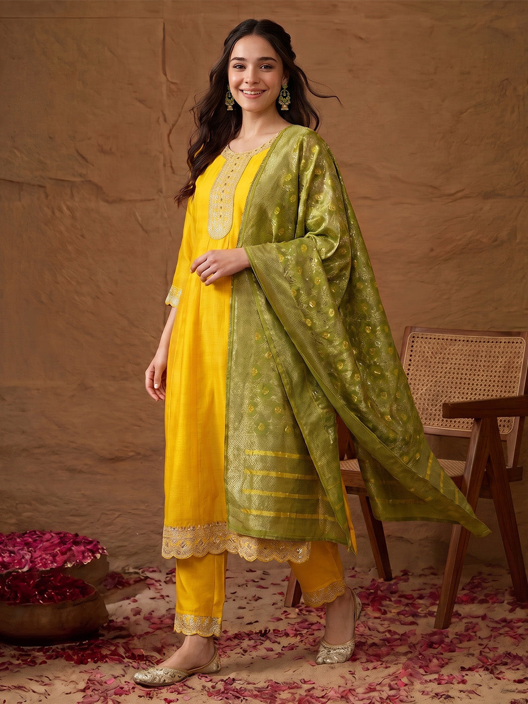 Janasya Women's Yellow Silk Blend Yoke Embroidered Anarkali Kurta Set with Jacquard Dupatta