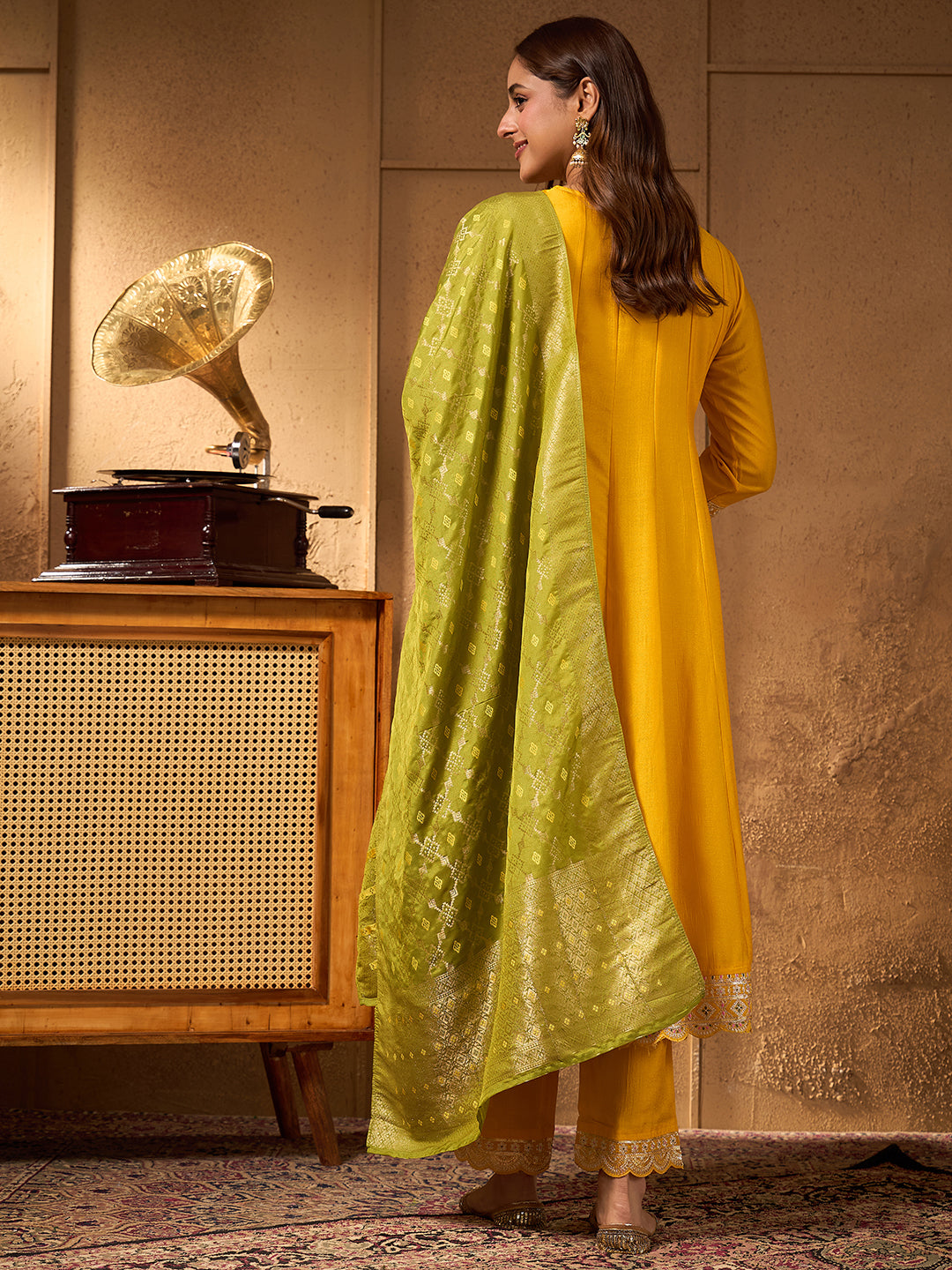 Janasya Women's Yellow Silk Blend Yoke Embroidered Anarkali Kurta Set with Jacquard Dupatta