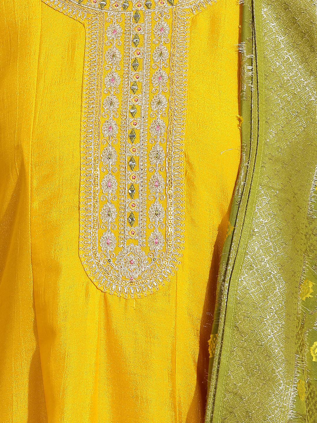 Janasya Women's Yellow Silk Blend Yoke Embroidered Anarkali Kurta Set with Jacquard Dupatta
