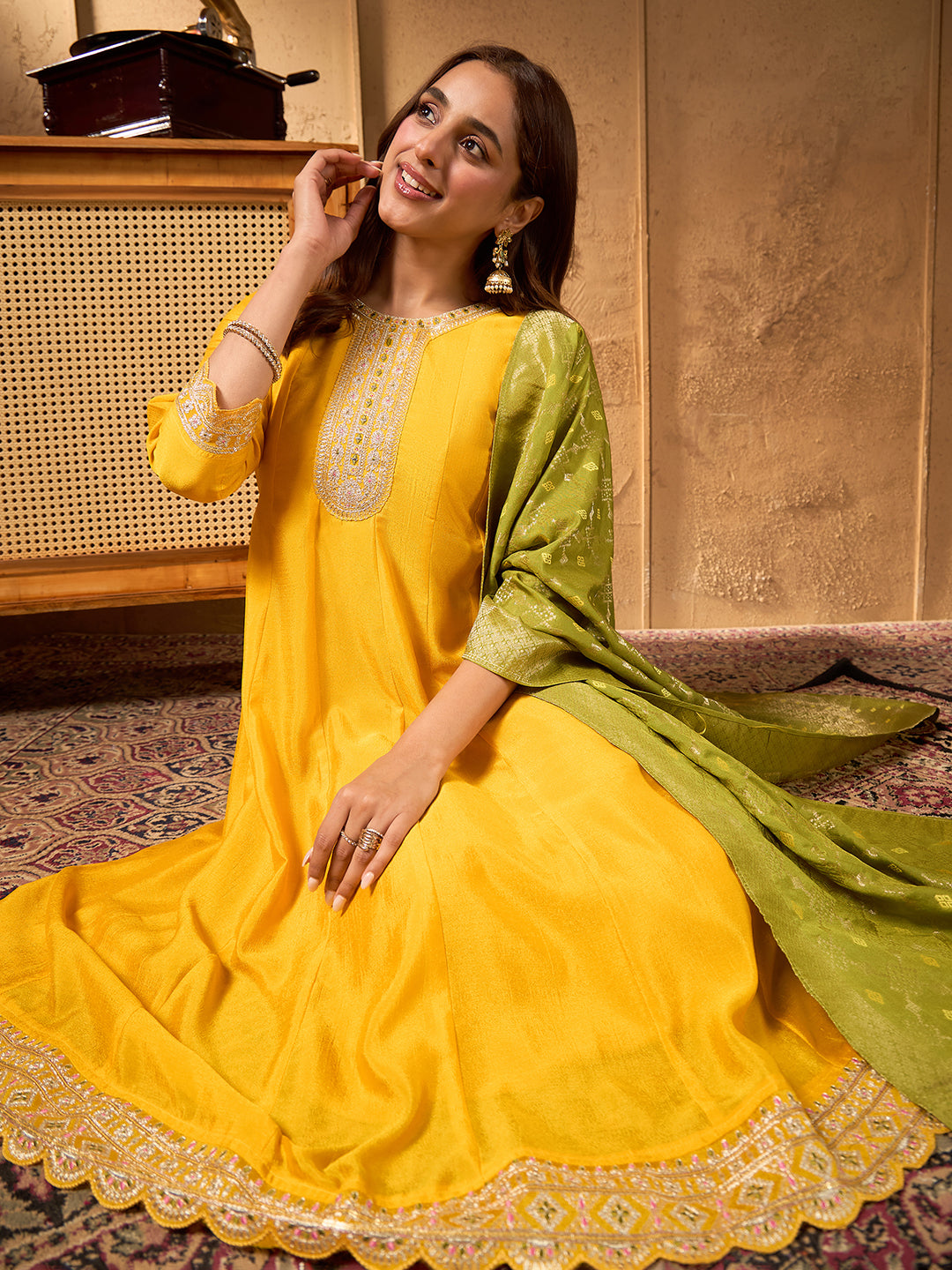 Janasya Women's Yellow Silk Blend Yoke Embroidered Anarkali Kurta Set with Jacquard Dupatta