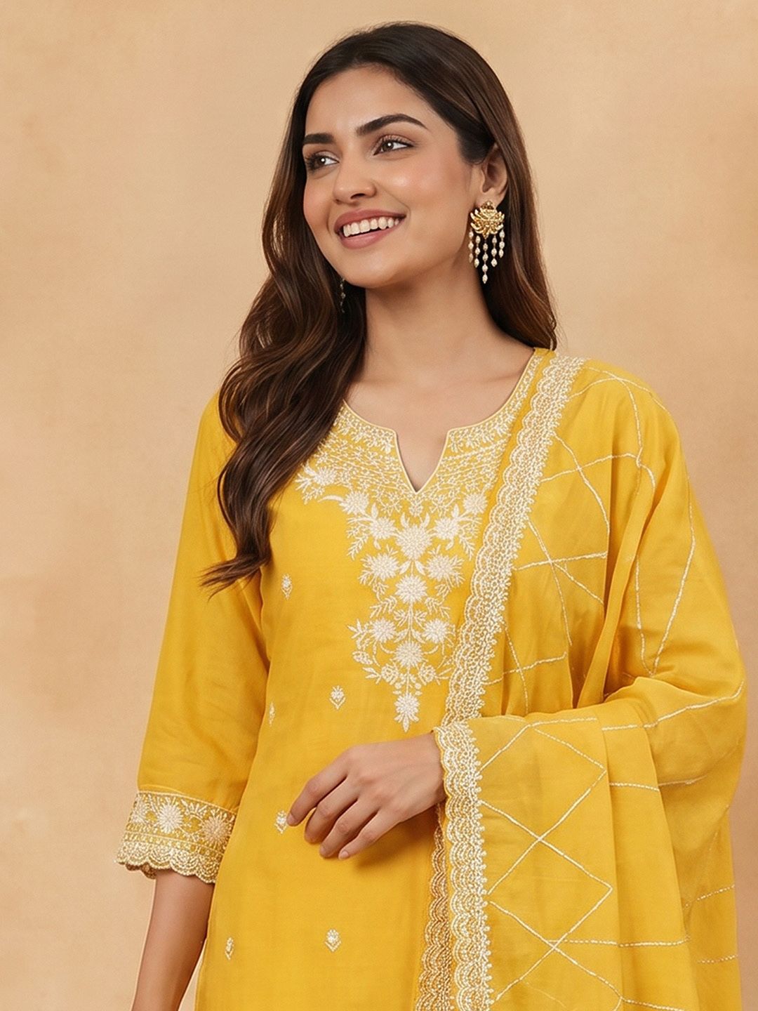 Janasya Women's Yellow Silk Blend Embroidered Straight Kurta Set with Thread Work Dupatta