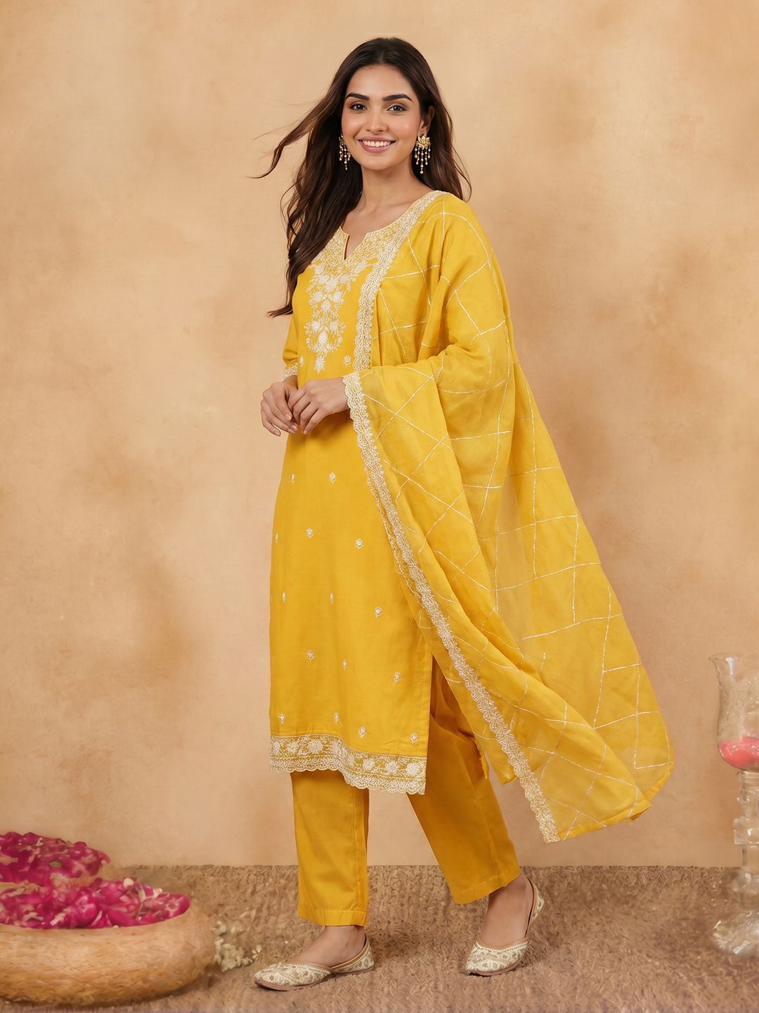 Janasya Women's Yellow Silk Blend Embroidered Straight Kurta Set with Thread Work Dupatta