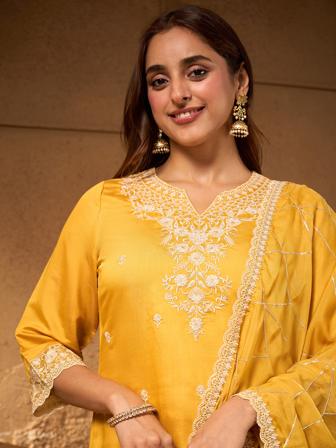 Janasya Women's Yellow Silk Blend Embroidered Straight Kurta Set