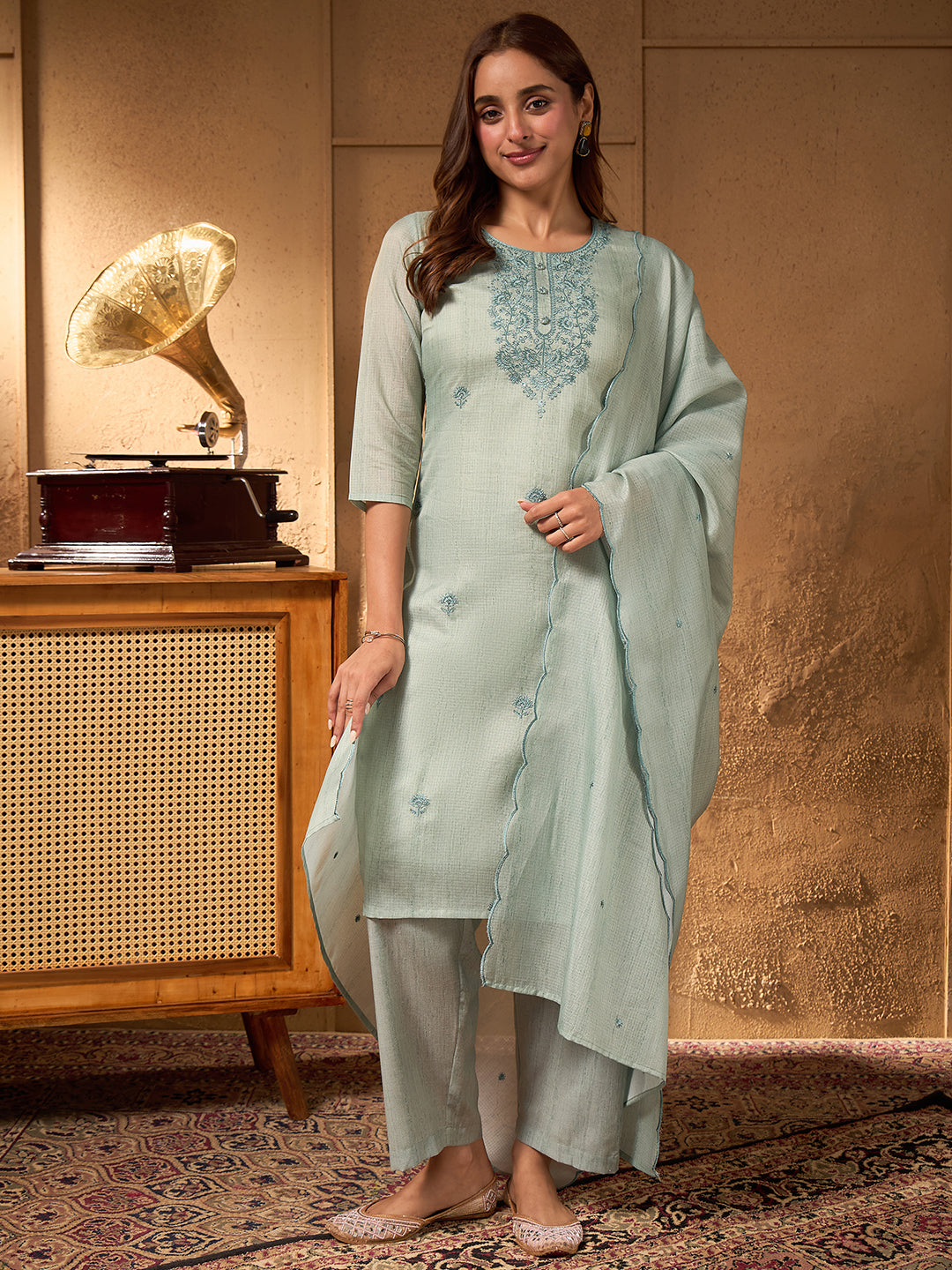 Janasya Women's Sage Green Cotton Blend Yoke Embroidered Straight Kurta Set