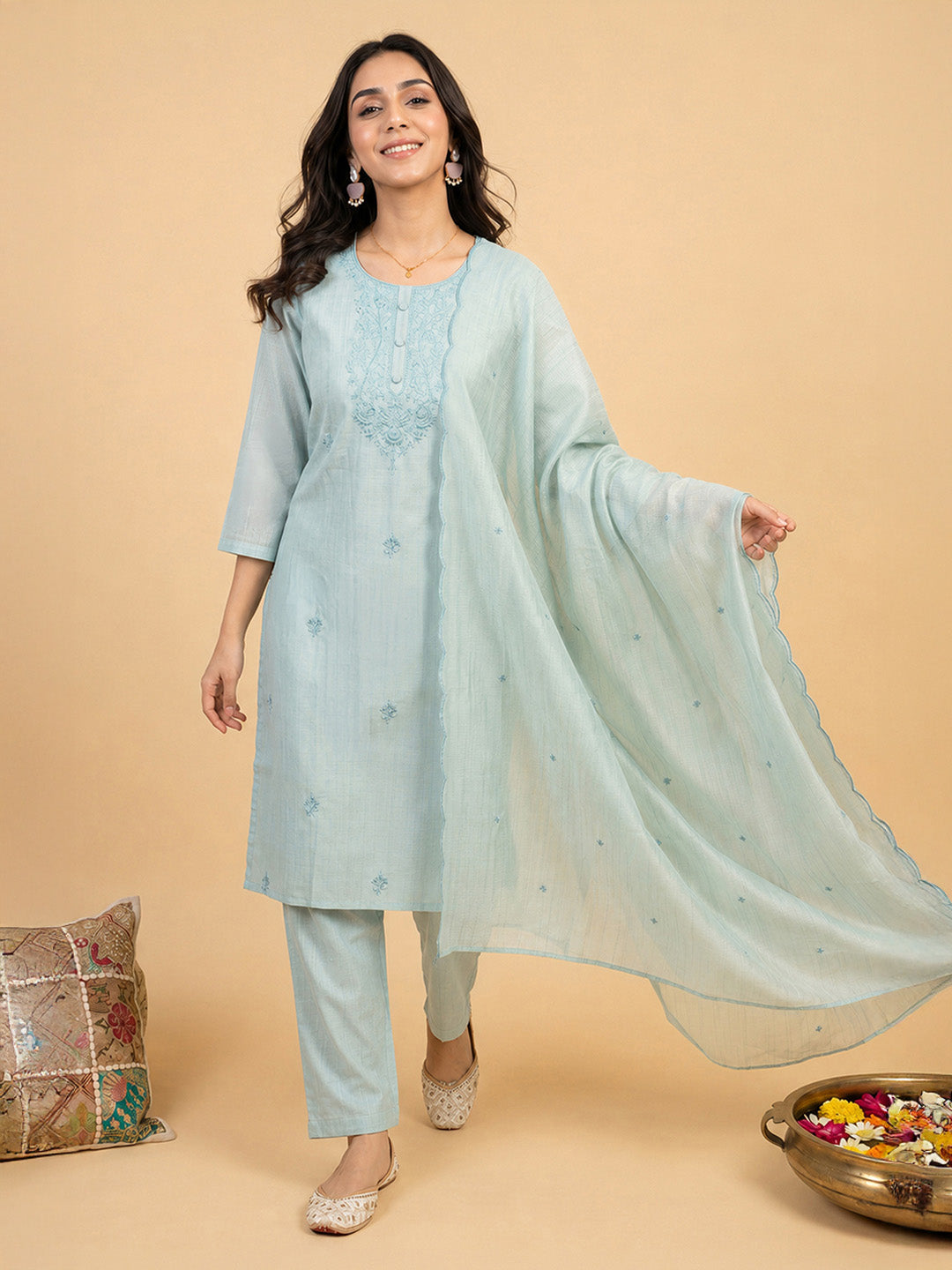 Janasya Women's Sage Green Cotton Blend Yoke Embroidered Straight Kurta Set