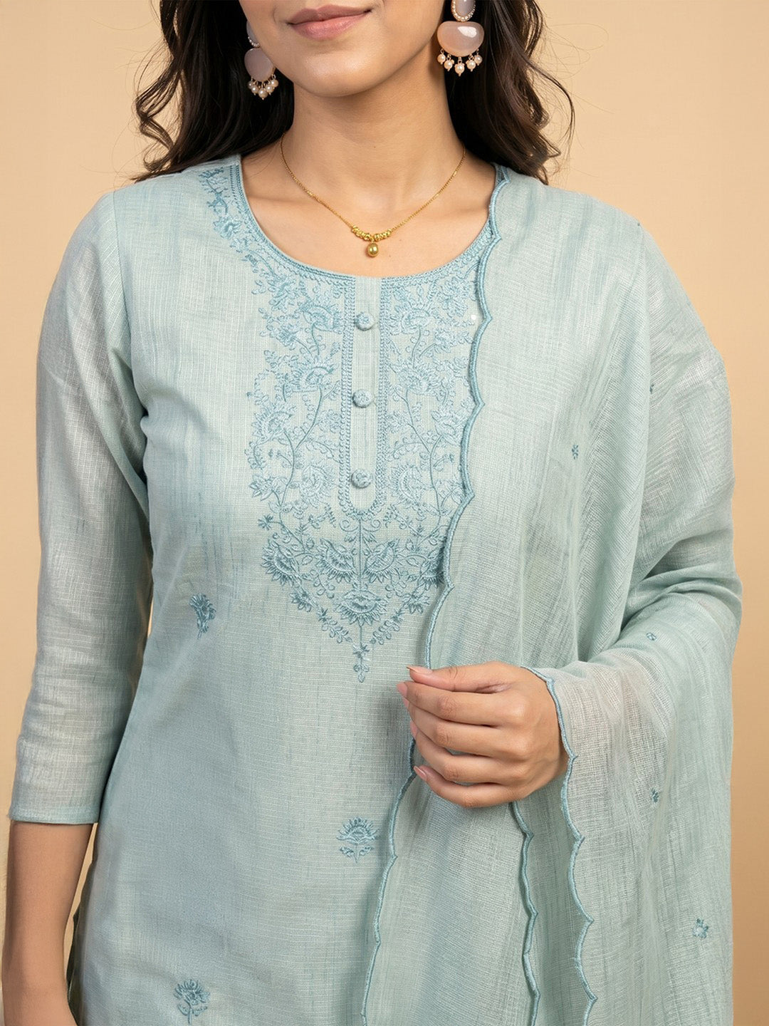 Janasya Women's Sage Green Cotton Blend Yoke Embroidered Straight Kurta Set