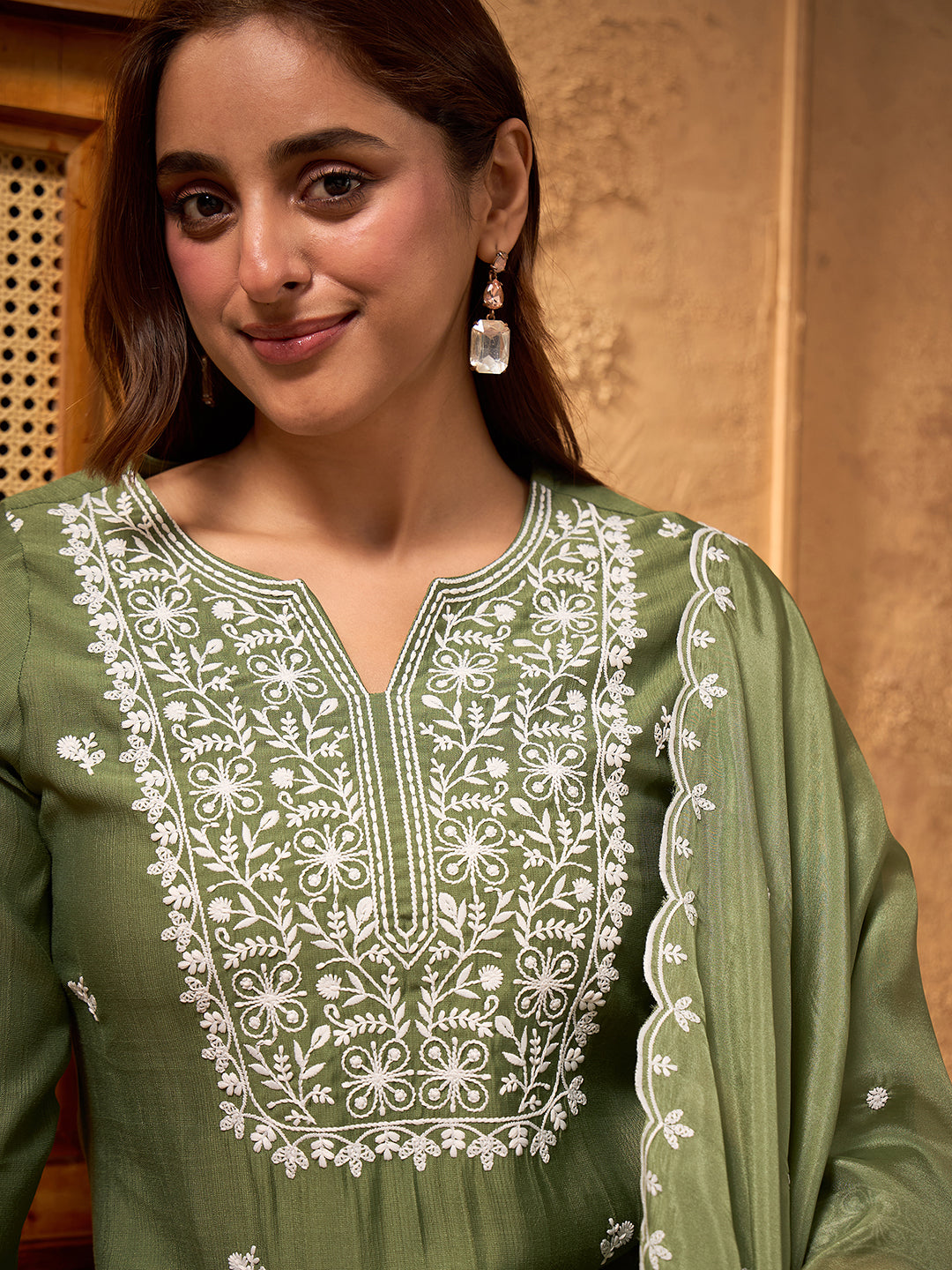 Janasya Women's Sage Green Silk Blend Floral Embroidered Straight Kurta Set