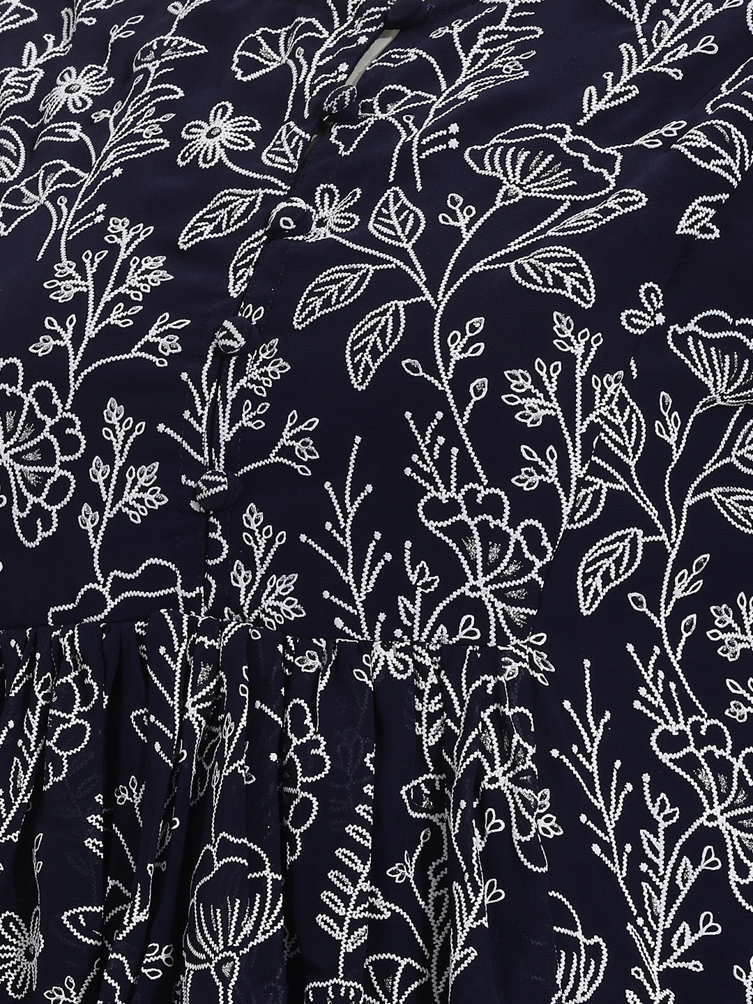 Janasya Women's Navy Blue Georgette Floral Rubber Print Peplum Top