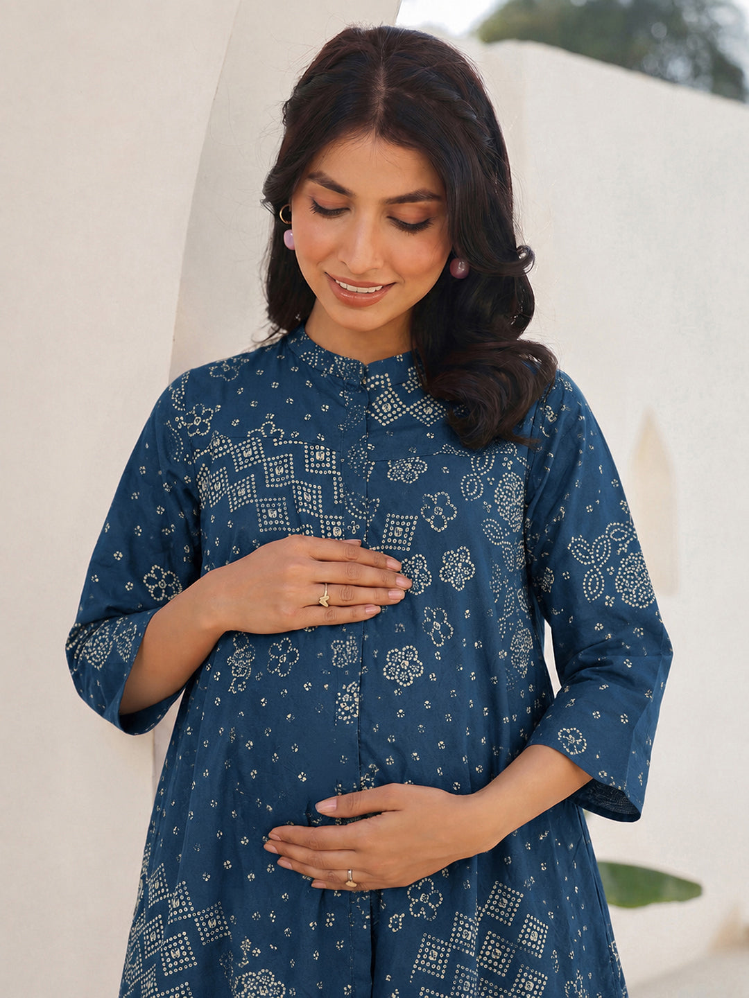 Janasya Women's Maternity Teal Blue Pure Cotton Bandhani Printed A-Line Tunic