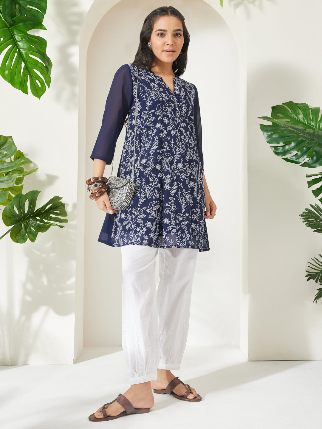 Janasya Women's Navy Blue Georgette Floral Printed A-Line Tunic