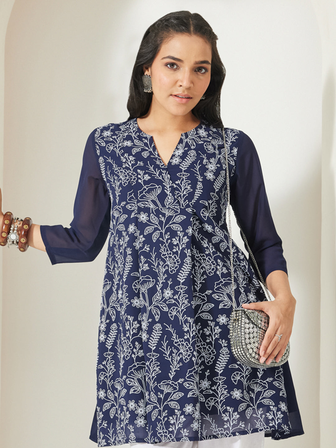 Janasya Women's Navy Blue Georgette Floral Printed A-Line Tunic