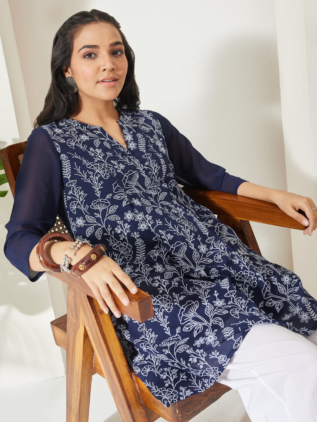 Janasya Women's Navy Blue Georgette Floral Printed A-Line Tunic