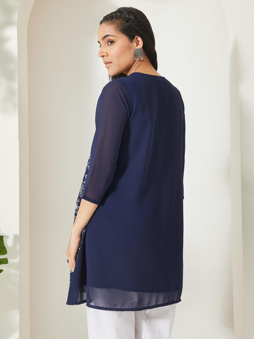 Janasya Women's Navy Blue Georgette Floral Printed A-Line Tunic