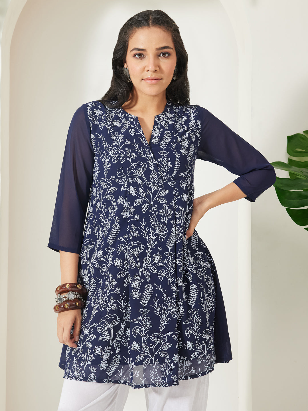 Janasya Women's Navy Blue Georgette Floral Printed A-Line Tunic
