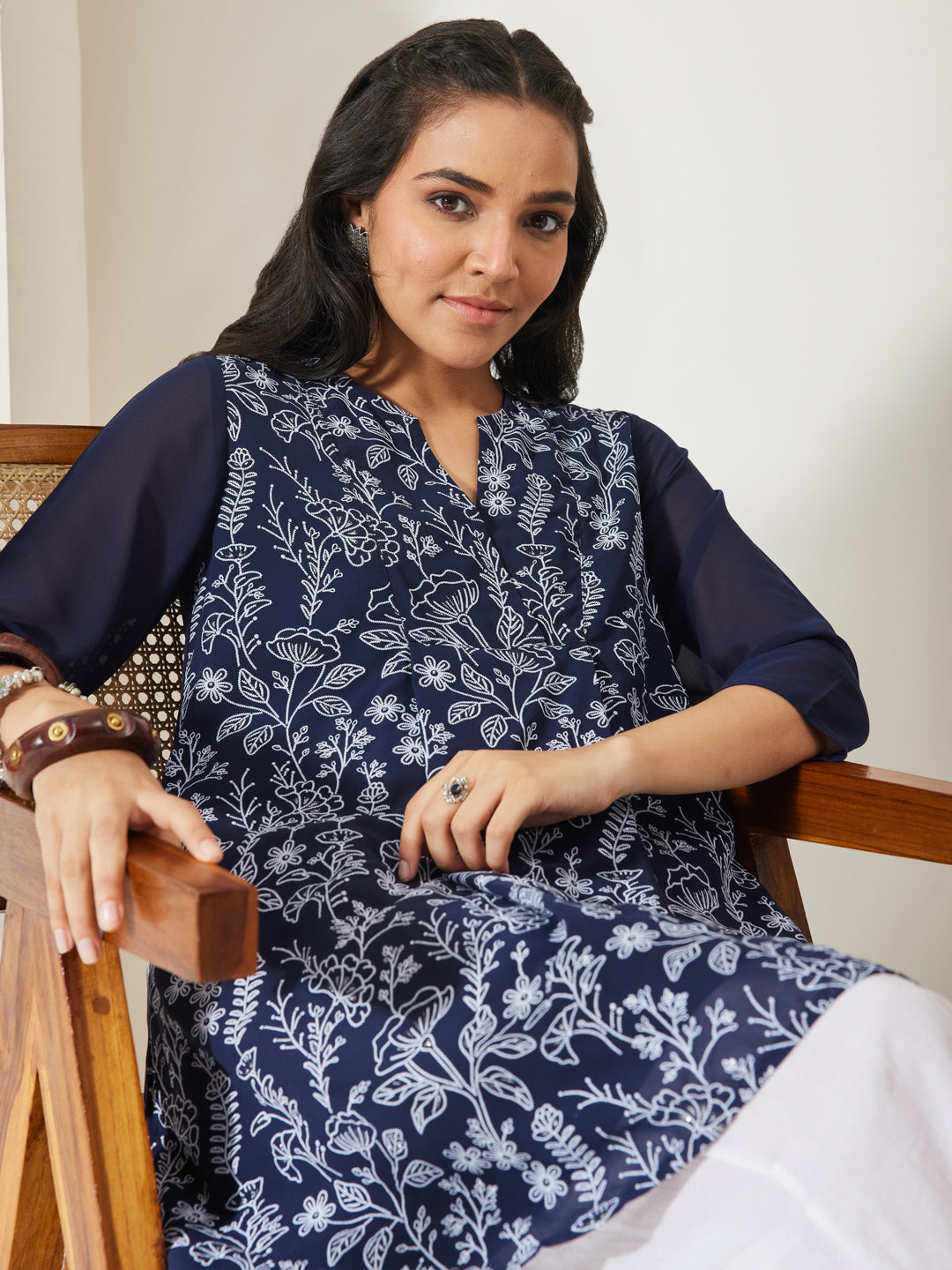 Janasya Women's Navy Blue Georgette Floral Printed A-Line Tunic