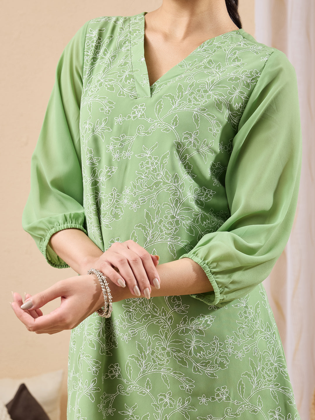 Janasya Women's Mint Green Georgette Floral Printed A-Line Tunic