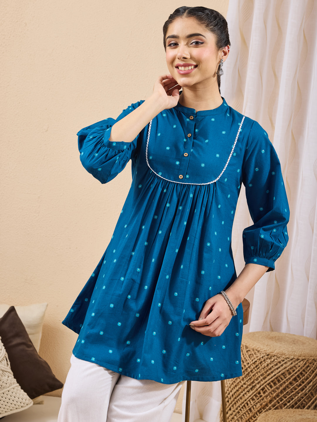 Janasya Women's Teal Blue Pure Cotton Floral Foil Printed A-line Tunic