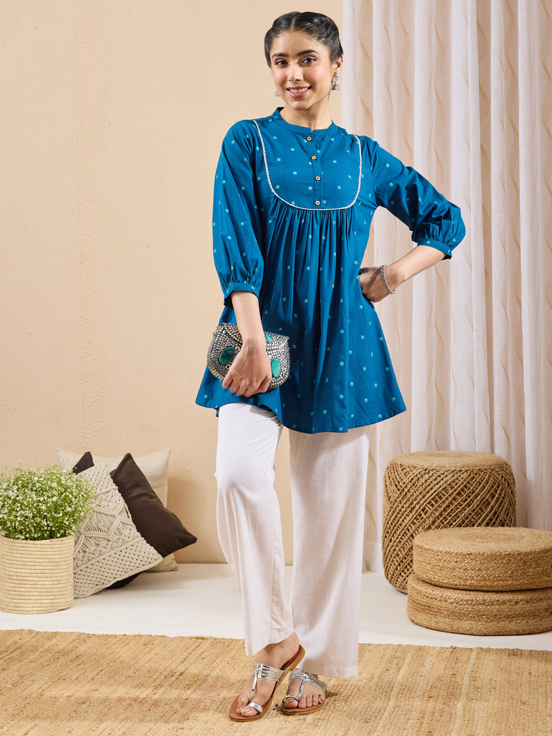 Janasya Women's Teal Blue Pure Cotton Floral Foil Printed A-line Tunic