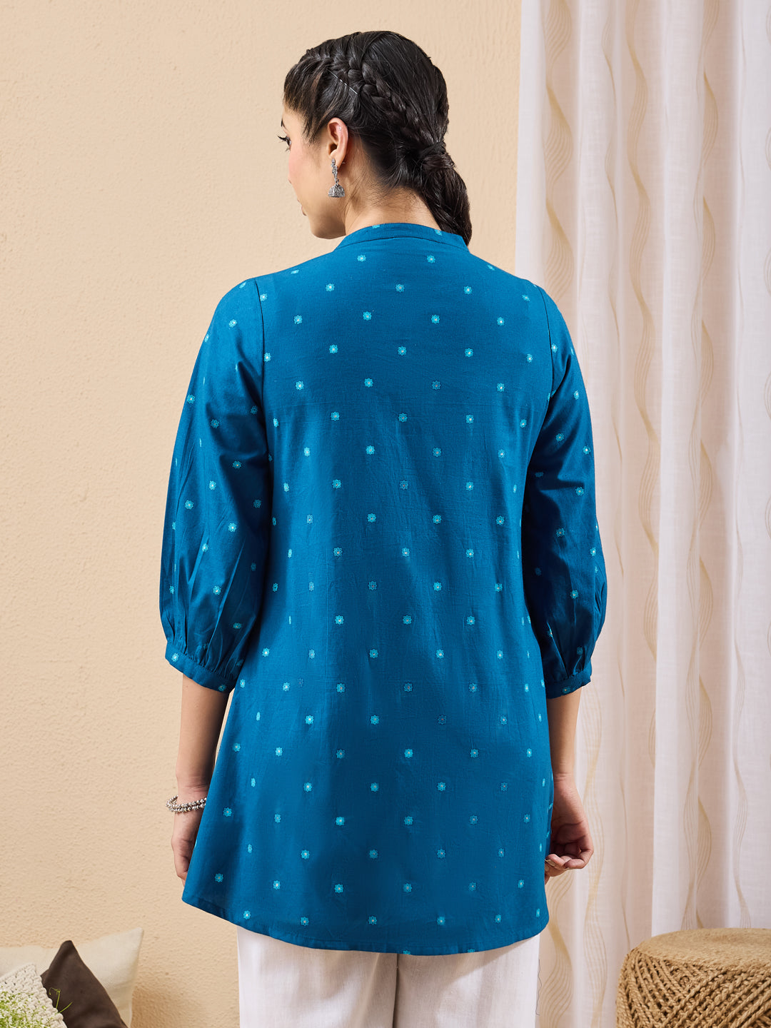 Janasya Women's Teal Blue Pure Cotton Floral Foil Printed A-line Tunic