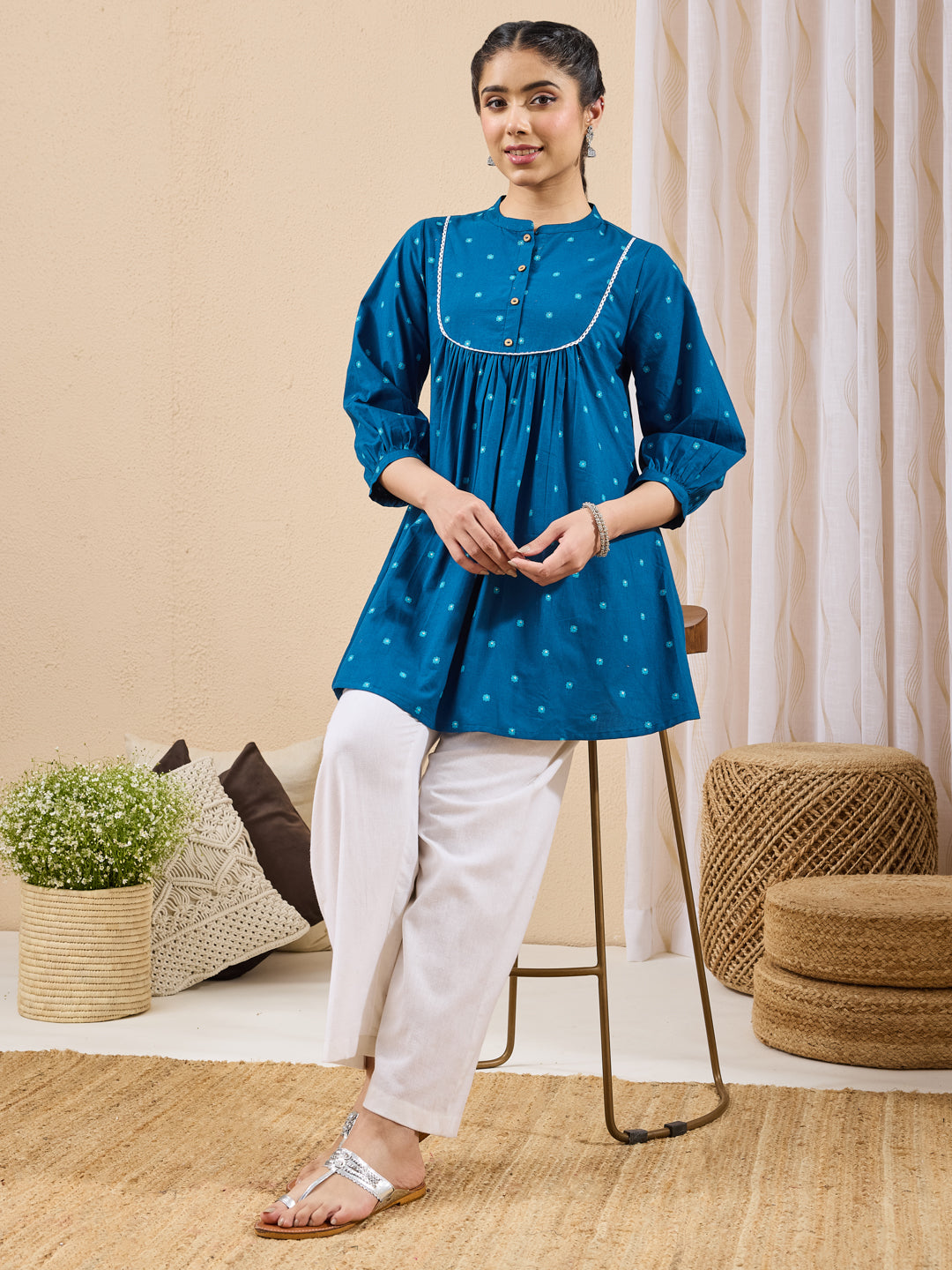 Janasya Women's Teal Blue Pure Cotton Floral Foil Printed A-line Tunic