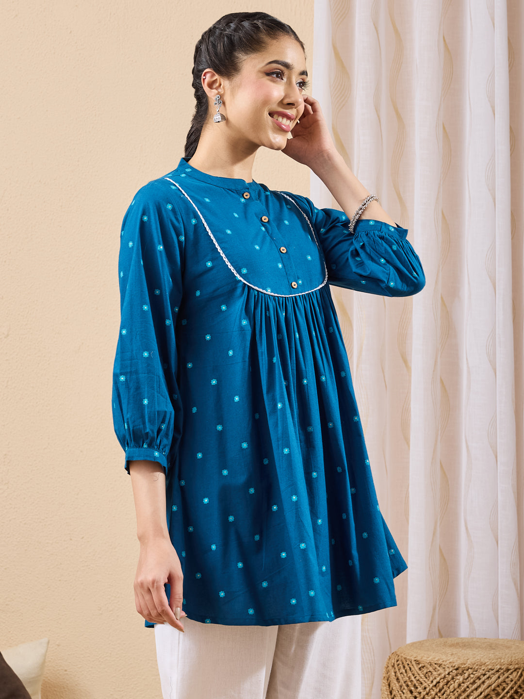 Janasya Women's Teal Blue Pure Cotton Floral Foil Printed A-line Tunic