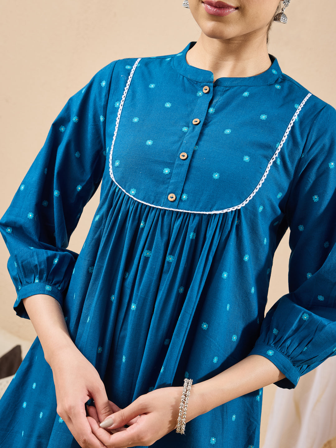 Janasya Women's Teal Blue Pure Cotton Floral Foil Printed A-line Tunic