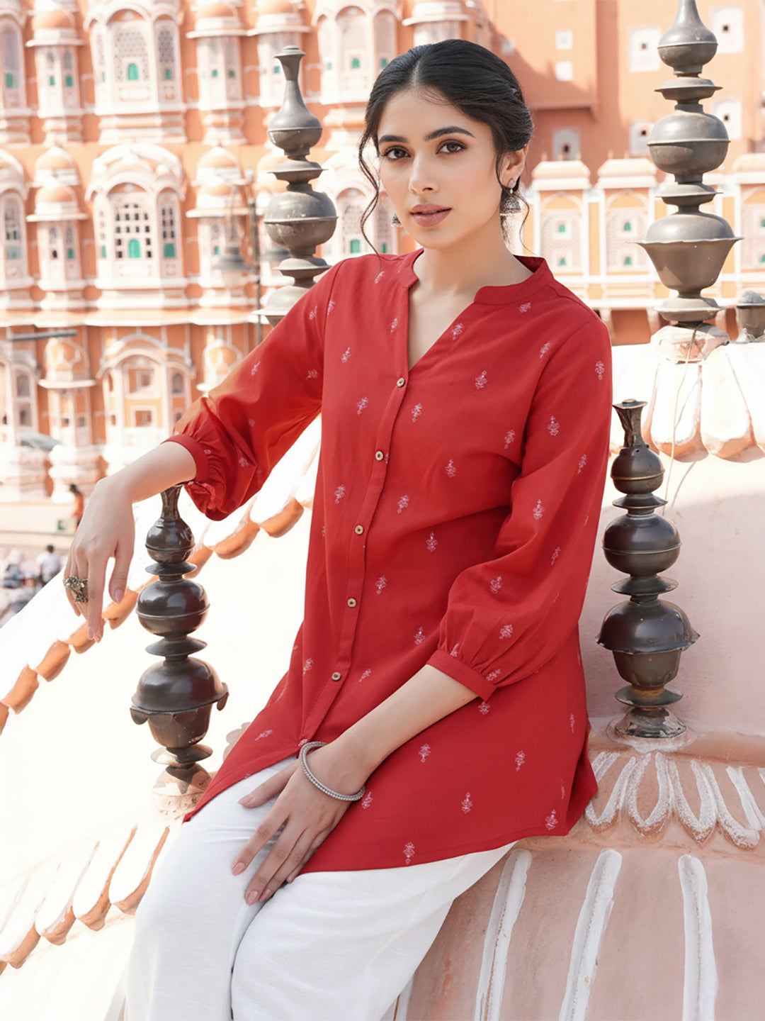 Janasya Women's Red Linen Cotton Foil Print Straight Tunic