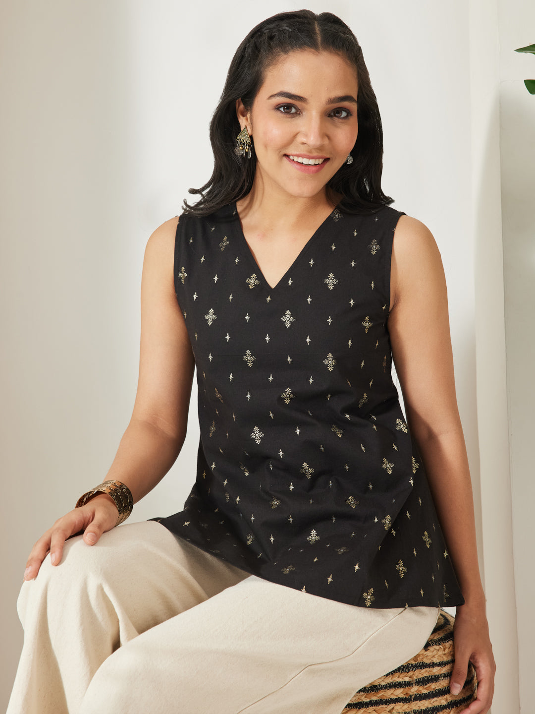 Janasya Women's Black Linen Cotton Ethnic Motifs Foil Print A-Line Tunic