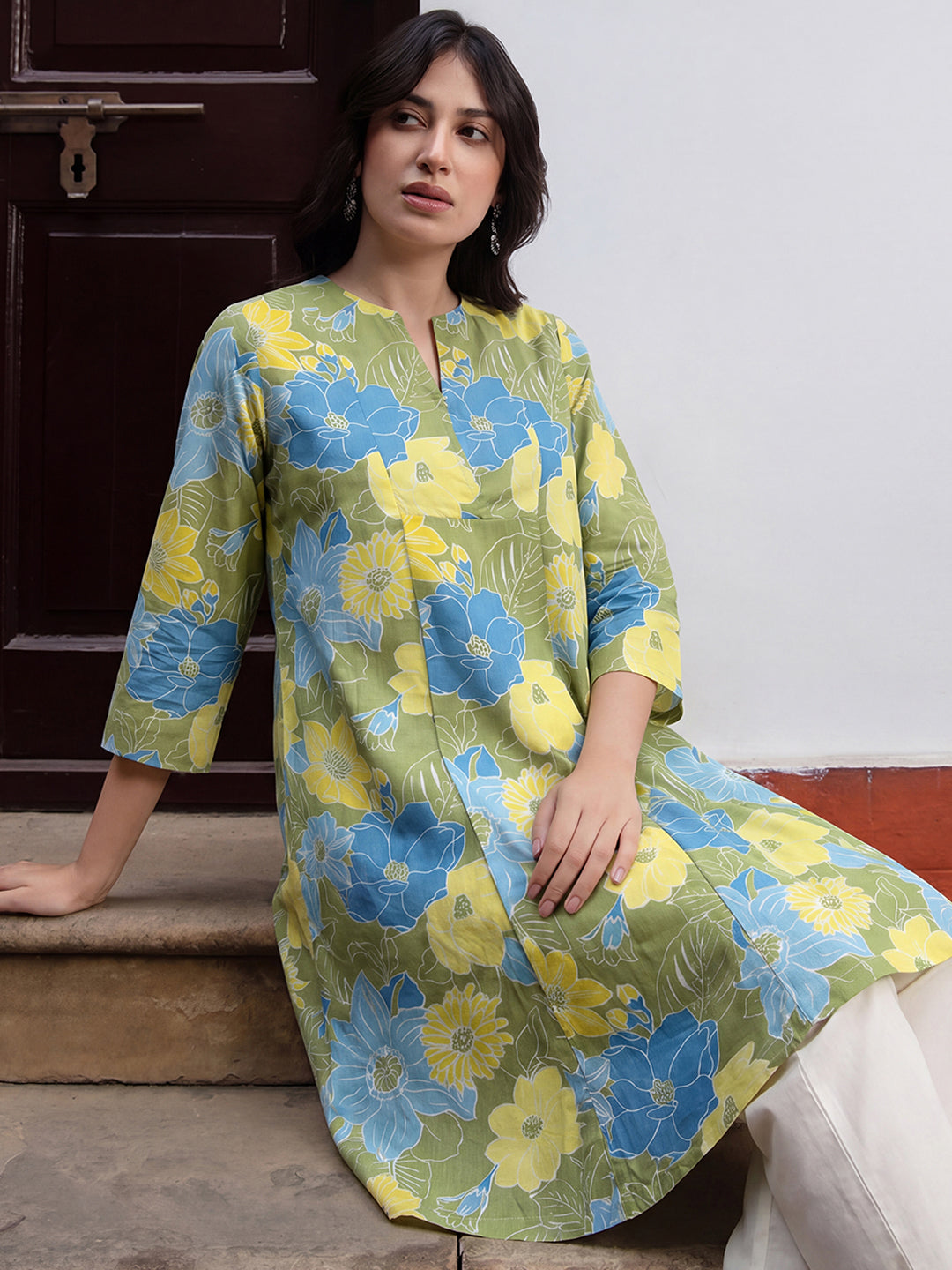 Janasya Women's Lime Green Pure Cotton Floral Printed A-Line Tunic