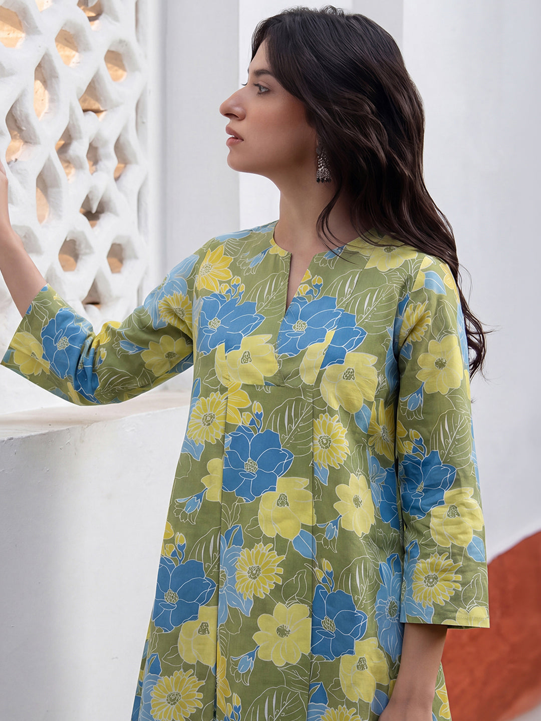 Janasya Women's Lime Green Pure Cotton Floral Printed A-Line Tunic