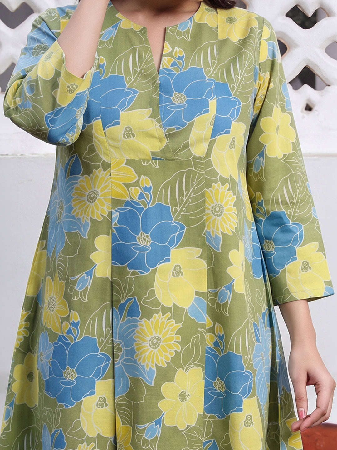 Janasya Women's Lime Green Pure Cotton Floral Printed A-Line Tunic