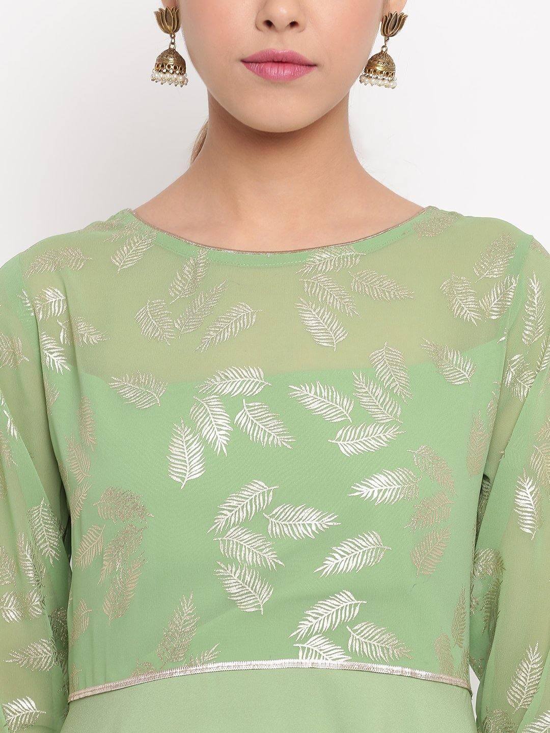 Light Green Poly Crepe Botanical Print Gown Kurta