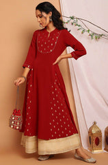 Maroon Poly Crepe Ethnic Motifs A-line Kurta Maroon Poly Crepe Ethnic Motifs A-line Kurta