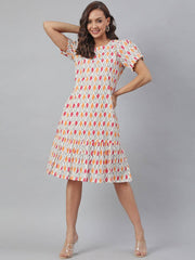 Off White Cotton Printed A-line Western Dress