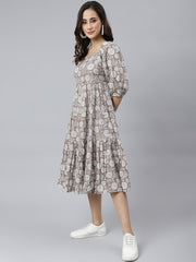 Grey Cotton Floral Print Flared Western Dress Grey Cotton Floral Print Flared Western Dress