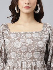 Grey Cotton Floral Print Flared Western Dress Grey Cotton Floral Print Flared Western Dress