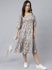 Grey Cotton Floral Print Flared Western Dress Grey Cotton Floral Print Flared Western Dress