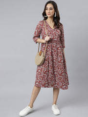 Maroon Cotton Floral Print Angrakha Western Dress Maroon Cotton Floral Print Angrakha Western Dress