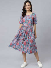 Blue Cotton Floral Print Flared Western Dress Blue Cotton Floral Print Flared Western Dress