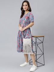 Blue Cotton Floral Print Flared Western Dress Blue Cotton Floral Print Flared Western Dress