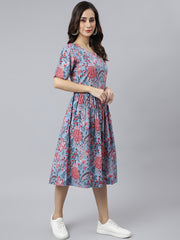 Blue Cotton Floral Print Flared Western Dress Blue Cotton Floral Print Flared Western Dress