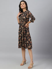Black Cotton Floral Print Flared Western Dress Black Cotton Floral Print Flared Western Dress